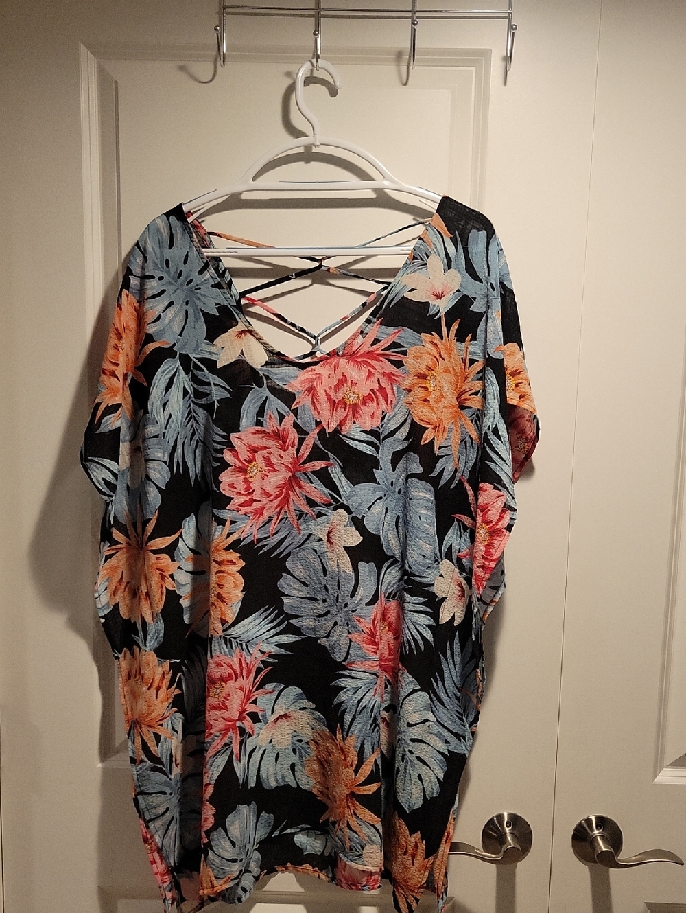 Floral Crisscross Back Coverup - Black with Coral & Light Blue